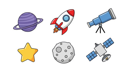 Cartoon space elements planet rocket telescope star moon and satellite