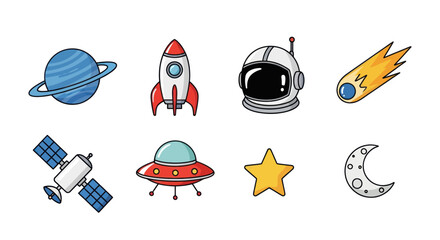 Cartoon space elements rocket planet astronaut helmet and celestial objects