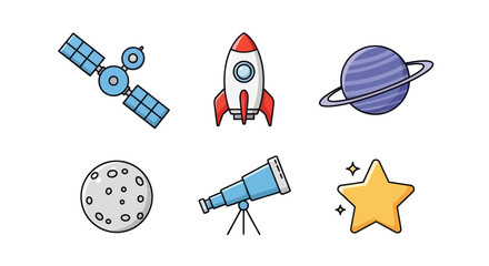Cartoon space elements rocket planet satellite moon telescope star