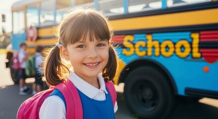Ready for School: A young, smiling student stands in front of a school bus, radiating the excitement of a new school day. With a backpack and a bright, joyful expression.