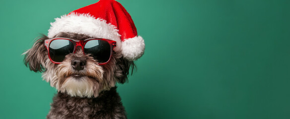 A small black dog wearing a Santa hat and sunglasses. The background is a solid green color, creating a festive atmosphere for the holiday season.