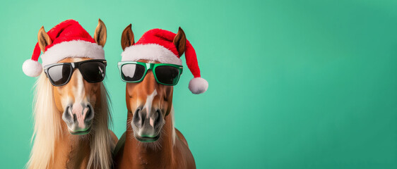 Two horses wearing Santa hats and sunglasses against a green background. Space for text. Holiday theme with a festive atmosphere.