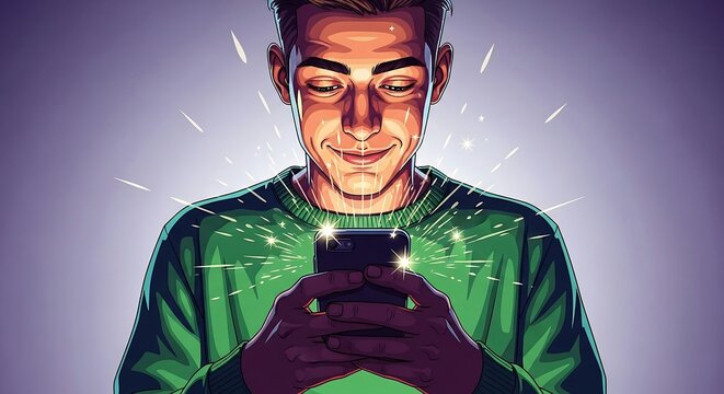 man using smartphone guy browsing social media on his mobile device wearing green sweater for connection communication and digital lifestyle