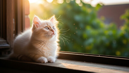 Adorable kitten basking in morning light by the window, a symbol of peace, comfort, and joy for heartwarming family stories and pet product marketing