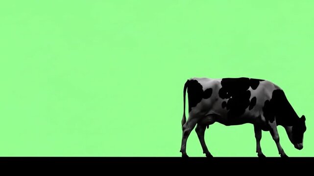 Dynamic Holstein cow walks across bright green screen, perfect for agricultural or creative projects needing livestock movement.