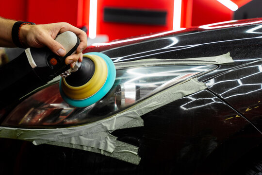 Headlight polishing uses polishing pad to remove minor haze and restore clarity in detailing. Headlight lens polishing to improve brightness and remove light oxidation.