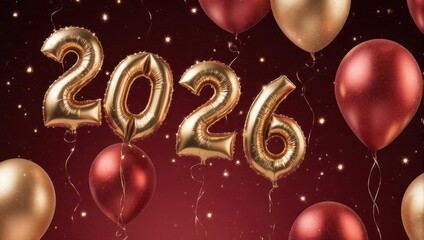 Golden Balloons Displaying the Year 2026 with Festive Decorations.