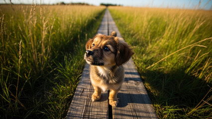 Adorable puppy exploring the countryside on a wooden path through the golden meadow, sunshine adventure, a heartwarming outdoor moment, canine joy
