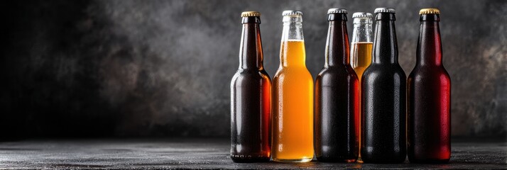 Modern Craft Beer Bottles Showcasing Diverse Colors and Styles on a Dark Gradient Background With Cinematic Lighting Effects