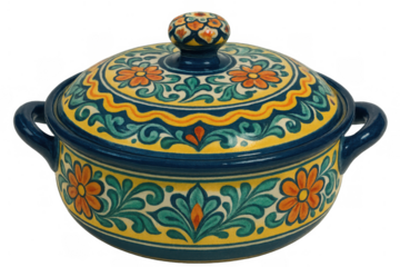 Artisanal ceramic casserole dish with talavera style hand-painted floral motifs and colorful folk art design