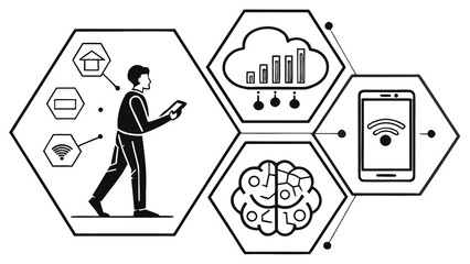 A man using a tablet with cloud data, brain, and phone icons in a hexagonal outline diagram design vreated with genrated ai
