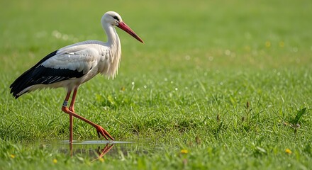 Fototapeta premium Wild White Bird Posing on Grass in Soft Light
