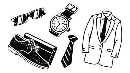 Illustration of a suit jacket, tie, watch, sunglasses, shoe, and wallet in black and white style vreated with genrated ai