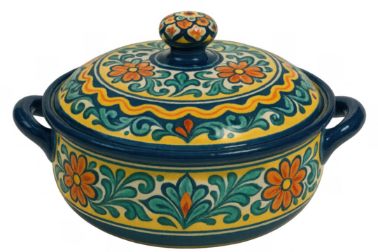 Artisanal ceramic casserole dish with talavera style hand-painted floral motifs and colorful folk art design
