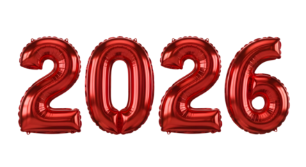 Red 2026 number balloons isolated on transparent background