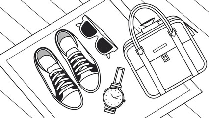 Line art illustration of shoes sunglasses watch and bag on a rug over a wooden floor surface vreated with genrated ai