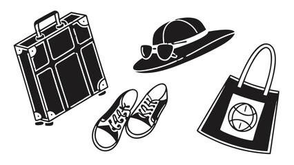 Illustration of a suitcase, hat with sunglasses, tennis shoes, and a tote bag with a globe design vreated with genrated ai