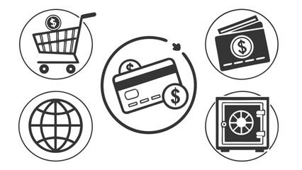 Illustration of online shopping elements including a cart, globe, card, wallet and safe in circles vreated with genrated ai