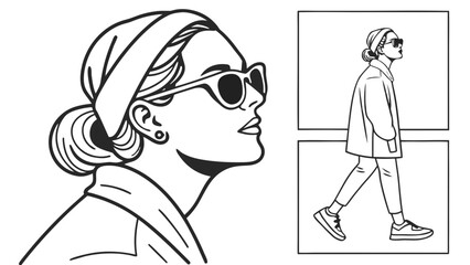 Line art illustration of a woman wearing sunglasses and a headscarf with a walking figure in boxes vreated with genrated ai