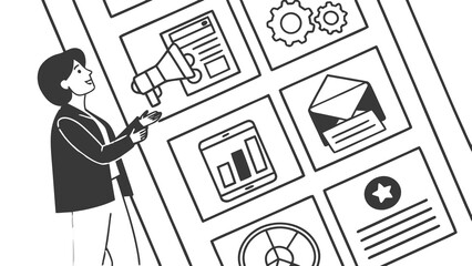 Woman presenting a digital interface with icons representing various business functions and data analysis vreated with genrated ai