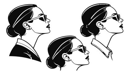 Three stylish women with sunglasses in profile view in black and white line art illustration style vreated with genrated ai
