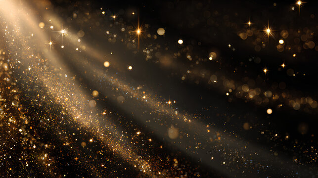Abstract festive background with gold glitter, Christmas particles, glowing light flare, confetti, sparkle stars, magic dust, luxury texture, shiny glow, celebration illustration