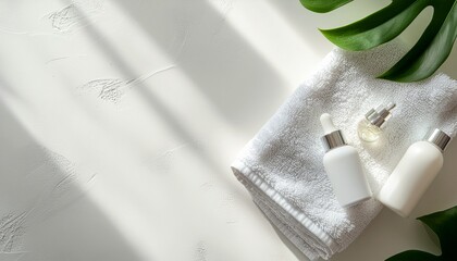 Aesthetic flat lay with skincare bottles, soft daylight, neutral background, minimalist composition, Include empty space so designers can add logos.
