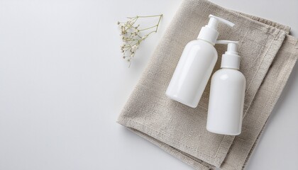 Aesthetic flat lay with skincare bottles, soft daylight, neutral background, minimalist composition, Include empty space so designers can add logos.
