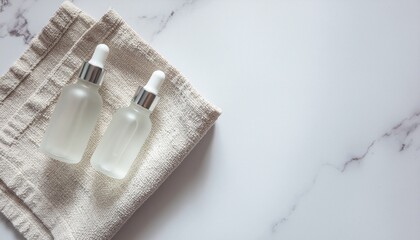 Aesthetic flat lay with skincare bottles, soft daylight, neutral background, minimalist composition, Include empty space so designers can add logos.
