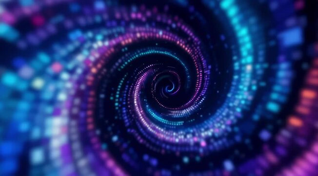 A swirling vortex of pixels, the color palette shifting between deep blues and purples, aligning with an electronic melody  