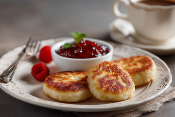 Syrniki Russian, Belarusian, Ukrainian, Latvian and Lithuanian dessert, fried cottage cheese pancakes