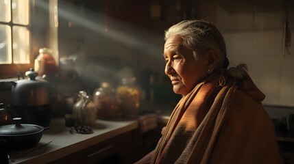Elderly woman sitting in a dimly lit rustic kitchen, gazing thoughtfully toward the camera, surrounded by traditional cookware and warm afternoon light, evoking nostalgia, wisdom, and quiet serenity.