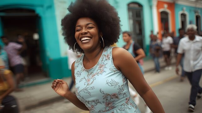 Joyful young woman laughing in a vibrant urban street, surrounded by colorful buildings and people, radiating happiness, freedom, and youthful energy on a sunny day in the city.