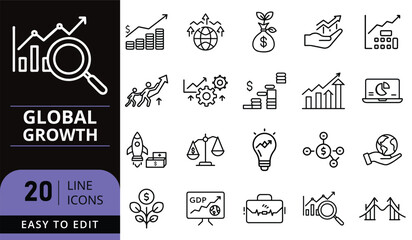 Global economic growth, finance, and business line icons set.