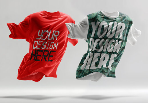 Dynamic Floating T-shirt Mockup PSD - Blank Apparel Templates Flying in Air for Product Display