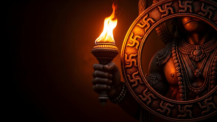 Divine power illuminated by flaming torch, ancient wisdom radiating from sacred symbol, spiritual strength and enlightenment captured in dramatic lighting