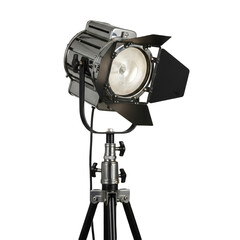 A black metallic studio Fresnel spotlight With Tripod isolated on white Transparent Background 
