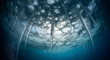 Underwater view of icicles hanging from ice sheet in the arctic ocean