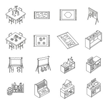 Kindergarten classroom icons isometric playroom with furniture and toys for learning playing and educational development for childrens creativity.