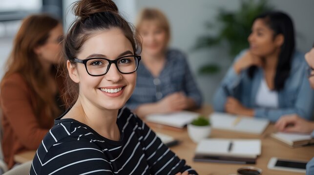 Confident young woman smiling in modern office meeting with diverse team, creative business brainstorming session in bright workspace, teamwork and collaboration concept, professional startup culture - Powered by Adobe