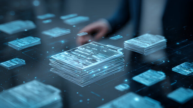 Ai Futuristic Document management concept, check electronic documents on digital documents on virtual screen Document Management System and process automation to efficiently document paperless operate - Powered by Adobe