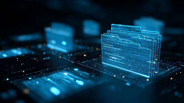 Ai Futuristic holographic interface of a file manager, folder structure with documents and data scanning, digital document storage software, cloud database, search and manage documents, paperless