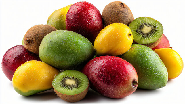Pile of fresh kiwi and mango fruits isolated on white background