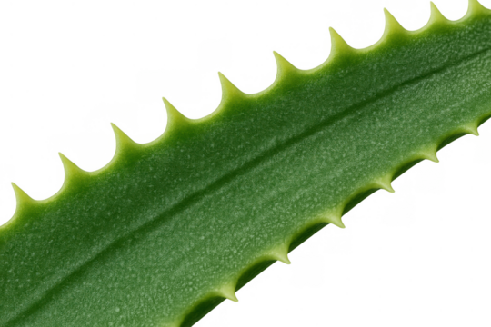 Aloe vera succulent plant leaf showing sharp green spines and texture, for natural health, medicine, and beauty concepts. Transparent background