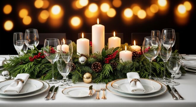Elegant christmas table setting with candles and festive decorations