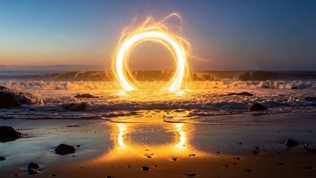 Magical portal opens onto a vibrant sunset beach, promising adventure and discovery in a new dimension with swirling energy and ocean waves