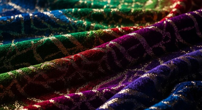 Luxurious iridescent fabric with gold threads and abstract pattern