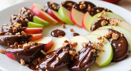 Delicious apple slices drizzled with melted chocolate and sprinkled with nuts on a white plate.