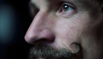Fototapeta premium Close-up side view of a man's face with a curled mustache, focusing on facial texture. The video captures intricate details with a macro lens
