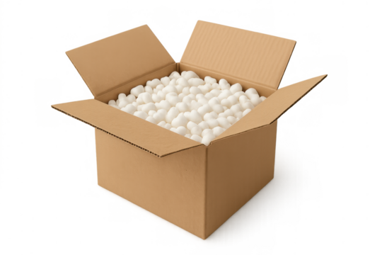 Cardboard shipping box opening, filled with white packing peanuts, providing protection for goods, transparent background - Powered by Adobe